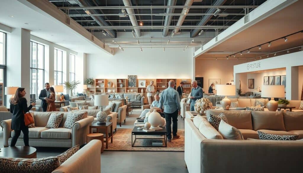 A well-lit, spacious furniture showroom with a warm, inviting atmosphere. In the foreground, a group of customers browsing through a variety of stylish, high-quality home furnishings, including sofas, armchairs, and coffee tables. The middle ground features a display of decorative accessories, such as vases, artwork, and textiles, creating a cohesive and visually appealing display. The background showcases a clean, minimalist design with large windows allowing natural light to flood the space, and subtle branding elements like a discreet logo or signage. The overall mood is one of exploration, discovery, and a sense of finding hidden gems within the furniture emporium. A well-lit, spacious furniture showroom with a warm, inviting atmosphere. In the foreground, a group of customers browsing through a variety of stylish, high-quality home furnishings, including sofas, armchairs, and coffee tables. The middle ground features a display of decorative accessories, such as vases, artwork, and textiles, creating a cohesive and visually appealing display. The background showcases a clean, minimalist design with large windows allowing natural light to flood the space, and subtle branding elements like a discreet logo or signage. The overall mood is one of exploration, discovery, and a sense of finding hidden gems within the furniture emporium.