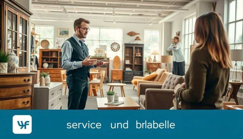 A well-lit, warm and inviting interior of a "Möbelfundgrube" furniture store. In the foreground, a knowledgeable sales associate is engaged in an attentive conversation with a customer, gesturing towards a selection of high-quality, vintage-inspired furniture pieces. The middle ground features tastefully arranged displays showcasing the store's eclectic inventory - from rustic farmhouse dressers to mid-century modern armchairs. The background is filled with natural light streaming in through large windows, casting a cozy glow over the space and highlighting the store's dedication to personalized service and curation. The overall scene conveys a sense of expertise, comfort and discovery, reflecting the "Service und Beratung" aspect of the Möbelfundgrube experience. A well-lit, warm and inviting interior of a "Möbelfundgrube" furniture store. In the foreground, a knowledgeable sales associate is engaged in an attentive conversation with a customer, gesturing towards a selection of high-quality, vintage-inspired furniture pieces. The middle ground features tastefully arranged displays showcasing the store's eclectic inventory - from rustic farmhouse dressers to mid-century modern armchairs. The background is filled with natural light streaming in through large windows, casting a cozy glow over the space and highlighting the store's dedication to personalized service and curation. The overall scene conveys a sense of expertise, comfort and discovery, reflecting the "Service und Beratung" aspect of the Möbelfundgrube experience.