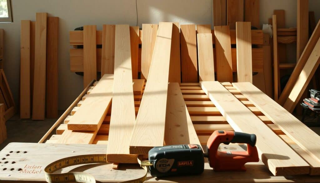 A well-lit workshop scene, with an array of wooden planks neatly arranged on a sturdy workbench. The planks are of varying lengths and widths, carefully selected and prepared for the next stage of a DIY bed-building project. Soft shadows cast by natural lighting create depth and dimension, highlighting the textural details of the wood grain. In the foreground, woodworking tools such as a tape measure, saw, and sander are meticulously positioned, ready to be utilized. The overall atmosphere conveys a sense of focused preparation, where the careful attention to detail will ensure a successful outcome for the upcoming construction phase. A well-lit workshop scene, with an array of wooden planks neatly arranged on a sturdy workbench. The planks are of varying lengths and widths, carefully selected and prepared for the next stage of a DIY bed-building project. Soft shadows cast by natural lighting create depth and dimension, highlighting the textural details of the wood grain. In the foreground, woodworking tools such as a tape measure, saw, and sander are meticulously positioned, ready to be utilized. The overall atmosphere conveys a sense of focused preparation, where the careful attention to detail will ensure a successful outcome for the upcoming construction phase.
