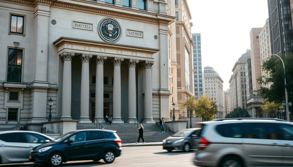 An authoritative-looking government building with a grand facade, ornate columns, and a prominent seal or crest above the entrance. The building is set against a backdrop of a bustling city streetscape, with people walking by and vehicles passing in the foreground. The lighting is crisp and the scene has a sense of official gravitas, suggesting the importance of the processes and regulations governing specialized trades and professions that require permits or licenses to operate. The overall composition conveys the idea of a central administrative hub overseeing the administration of regulated commercial activities. An authoritative-looking government building with a grand facade, ornate columns, and a prominent seal or crest above the entrance. The building is set against a backdrop of a bustling city streetscape, with people walking by and vehicles passing in the foreground. The lighting is crisp and the scene has a sense of official gravitas, suggesting the importance of the processes and regulations governing specialized trades and professions that require permits or licenses to operate. The overall composition conveys the idea of a central administrative hub overseeing the administration of regulated commercial activities.