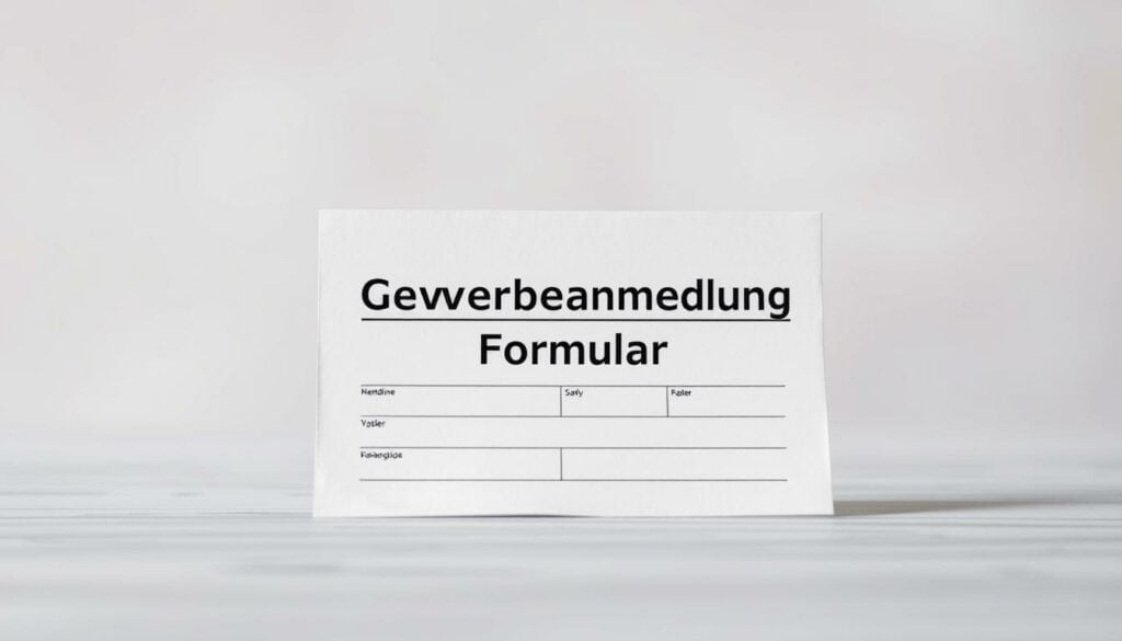 Detailed architectural drawing of a German government form titled "Gewerbeanmeldung Formular" against a soft, blurred background. The form is positioned in the center of the frame, with a clean, minimalist design. The lighting is soft and diffused, creating a sense of professionalism and efficiency. The background is a muted, pastel-colored gradient, allowing the form to be the focal point. The overall composition conveys a sense of bureaucratic order and attention to detail, reflecting the subject matter of the article.