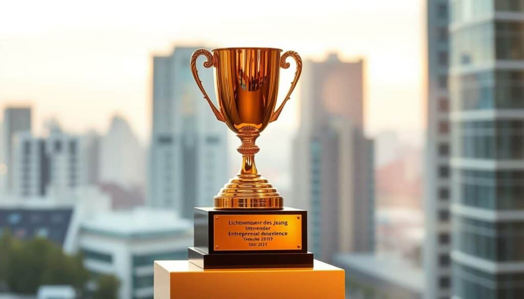 Lichtenberger Unternehmen des Jahres Auszeichnung: a gleaming bronze trophy stands proudly on a sleek podium, its intricate details capturing the essence of entrepreneurial excellence. The lighting casts a warm, golden glow, highlighting the trophy's elegant design and the meticulously crafted plaque bearing the prestigious award title. The background is a softly blurred cityscape, subtly hinting at the vibrant business ecosystem that fostered this remarkable achievement. The composition is balanced, with the trophy commanding the foreground, conveying a sense of prestige and accomplishment. The overall atmosphere exudes a tone of celebration, professionalism, and the pride of the Lichtenberg business community. Lichtenberger Unternehmen des Jahres Auszeichnung: a gleaming bronze trophy stands proudly on a sleek podium, its intricate details capturing the essence of entrepreneurial excellence. The lighting casts a warm, golden glow, highlighting the trophy's elegant design and the meticulously crafted plaque bearing the prestigious award title. The background is a softly blurred cityscape, subtly hinting at the vibrant business ecosystem that fostered this remarkable achievement. The composition is balanced, with the trophy commanding the foreground, conveying a sense of prestige and accomplishment. The overall atmosphere exudes a tone of celebration, professionalism, and the pride of the Lichtenberg business community.