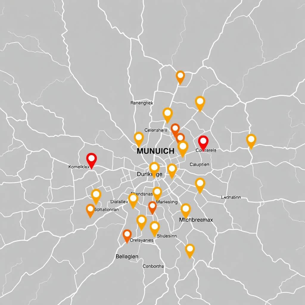 Münchner Stadtplan mit hervorgehobenen Unternehmensstandorten für das Firmenverzeichnis München