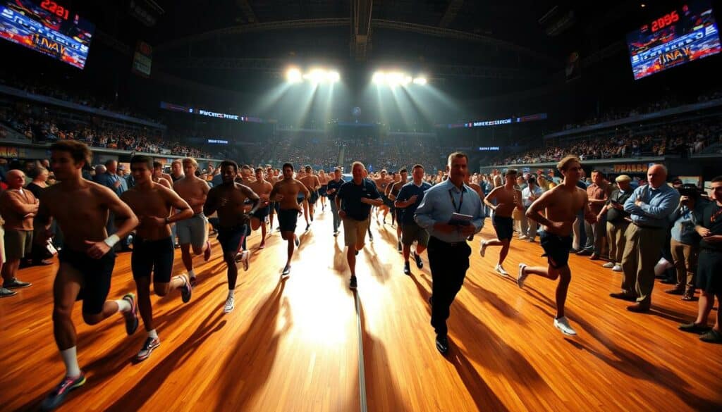 A bustling 2011 NFL Draft Combine, captured in a dynamic wide-angle shot. The expansive indoor arena is bathed in warm, dramatic lighting, casting long shadows across the polished hardwood floor. In the foreground, a group of elite prospects jog side-by-side, their physiques on full display as they showcase their speed and agility through a series of timed drills. In the middle ground, coaches, scouts, and team executives observe intently, clipboards in hand, evaluating each player's potential. The background is filled with the energy of the event, with spectators lining the sidelines, cheering on the aspiring pro athletes. The overall atmosphere conveys the high-stakes intensity and excitement of this pivotal moment in an NFL hopeful's career. A bustling 2011 NFL Draft Combine, captured in a dynamic wide-angle shot. The expansive indoor arena is bathed in warm, dramatic lighting, casting long shadows across the polished hardwood floor. In the foreground, a group of elite prospects jog side-by-side, their physiques on full display as they showcase their speed and agility through a series of timed drills. In the middle ground, coaches, scouts, and team executives observe intently, clipboards in hand, evaluating each player's potential. The background is filled with the energy of the event, with spectators lining the sidelines, cheering on the aspiring pro athletes. The overall atmosphere conveys the high-stakes intensity and excitement of this pivotal moment in an NFL hopeful's career.