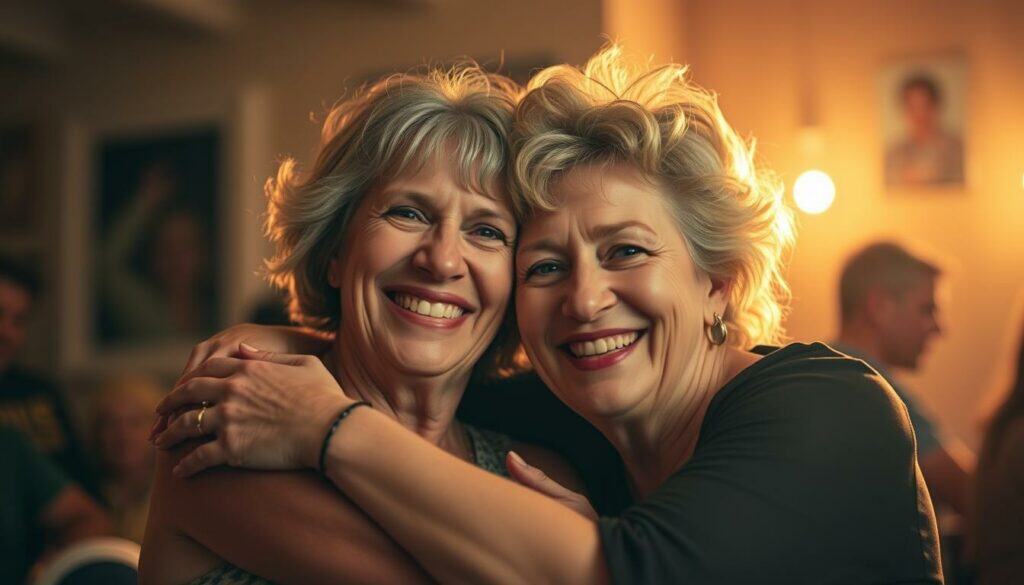 A candid portrait of Hella von Sinnen and Cornelia Scheel, their faces aglow with joy and pride as they embrace, celebrating their enduring LGBTQ+ activism and partnership. The scene is bathed in soft, warm lighting, casting a gentle, intimate glow. The background is slightly blurred, allowing the subjects to take center stage, their expressions radiating warmth and camaraderie. The composition is balanced, drawing the viewer's eye to the heartfelt connection between the two women, capturing a moment of personal triumph and shared purpose. A candid portrait of Hella von Sinnen and Cornelia Scheel, their faces aglow with joy and pride as they embrace, celebrating their enduring LGBTQ+ activism and partnership. The scene is bathed in soft, warm lighting, casting a gentle, intimate glow. The background is slightly blurred, allowing the subjects to take center stage, their expressions radiating warmth and camaraderie. The composition is balanced, drawing the viewer's eye to the heartfelt connection between the two women, capturing a moment of personal triumph and shared purpose.