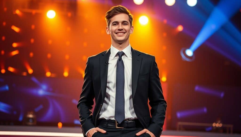 A charismatic young man with an energetic stage presence, dressed in a sharp suit and tie, standing confidently on a brightly lit television studio set. The lighting is warm and flattering, creating a sense of drama and excitement. The camera angle is slightly low, emphasizing the coach's authoritative and commanding presence. The background is blurred, but hints at the high-tech production values of a popular talent show, with glossy panels and stage lighting visible. The overall mood is one of professionalism, enthusiasm, and the thrill of discovering and nurturing young musical talent. A charismatic young man with an energetic stage presence, dressed in a sharp suit and tie, standing confidently on a brightly lit television studio set. The lighting is warm and flattering, creating a sense of drama and excitement. The camera angle is slightly low, emphasizing the coach's authoritative and commanding presence. The background is blurred, but hints at the high-tech production values of a popular talent show, with glossy panels and stage lighting visible. The overall mood is one of professionalism, enthusiasm, and the thrill of discovering and nurturing young musical talent.