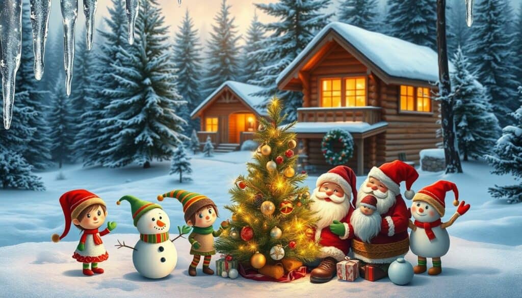 A charming winter wonderland scene, showcasing a collection of delightfully designed Christmas e-cards. In the foreground, a group of whimsical characters - playful elves, jolly snowmen, and a cozy Santa Claus - gather around a festively decorated tree, their expressions brimming with holiday cheer. The middle ground features a serene snowy landscape, with glistening icicles and a gently falling dusting of snow. In the background, a warm and inviting log cabin nestled among towering pine trees, its windows aglow with the soft light of the season. The overall mood is one of enchantment and festive magic, perfectly capturing the essence of a delightful digital Christmas greeting. A charming winter wonderland scene, showcasing a collection of delightfully designed Christmas e-cards. In the foreground, a group of whimsical characters - playful elves, jolly snowmen, and a cozy Santa Claus - gather around a festively decorated tree, their expressions brimming with holiday cheer. The middle ground features a serene snowy landscape, with glistening icicles and a gently falling dusting of snow. In the background, a warm and inviting log cabin nestled among towering pine trees, its windows aglow with the soft light of the season. The overall mood is one of enchantment and festive magic, perfectly capturing the essence of a delightful digital Christmas greeting.
