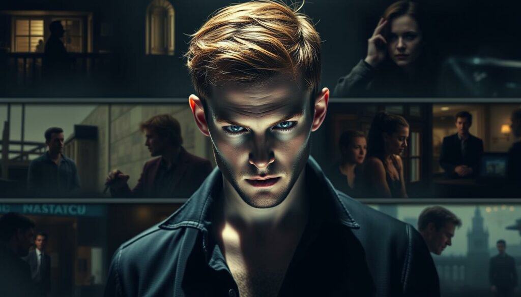 A cinematic portrait of acclaimed actor Cameron Monaghan, capturing his captivating performances across film and television. In the center, Monaghan stands in a dramatic, contemplative pose, his piercing gaze and expressive features commanding attention. The lighting is moody and atmospheric, with deep shadows accentuating the contours of his face. Surrounding him, a montage of iconic scenes from his diverse filmography, including his standout roles in "Shameless," "Gotham," and "Jeremiah." The overall composition evokes the essence of Monaghan's versatile acting talent and the cinematic quality of his most memorable on-screen moments.