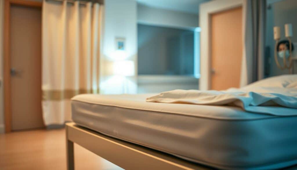 A clinical hospital room at night, bathed in a warm, soft lighting. In the foreground, a pristine white mattress on a sturdy metal frame, its surface free of any visible stains or blemishes. The bedding is crisp and neatly tucked, exuding a sense of cleanliness and order. In the middle ground, a nightstand with a minimalist design holds a small lamp, casting a gentle glow across the scene. The background is blurred, suggesting a larger ward or wing, but the focus remains on the immaculate sleeping surface, showcasing the results of a thorough, professional mattress cleaning. The overall mood is one of tranquility, hygiene, and attention to detail, reflecting the importance of maintaining a pristine sleeping environment in a healthcare setting.