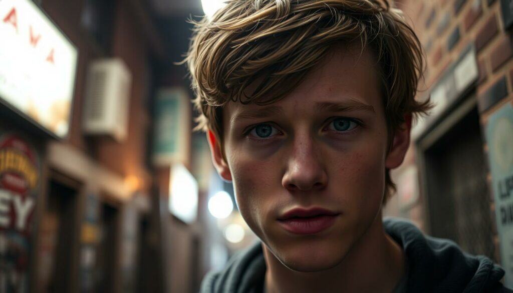 A close-up portrait of Ian Gallagher, the rebellious and troubled character from the TV series Shameless, set against a dimly lit, gritty urban background. Capture his intense gaze, tousled brown hair, and youthful, yet weathered features, conveying the complex emotions and personal struggles that define his character. Use warm, muted tones to create a sense of melancholy and introspection, while maintaining a sense of raw authenticity. Employ a shallow depth of field to focus the viewer's attention on Ian's face, with the background softly blurred to provide context without distracting from the central subject.