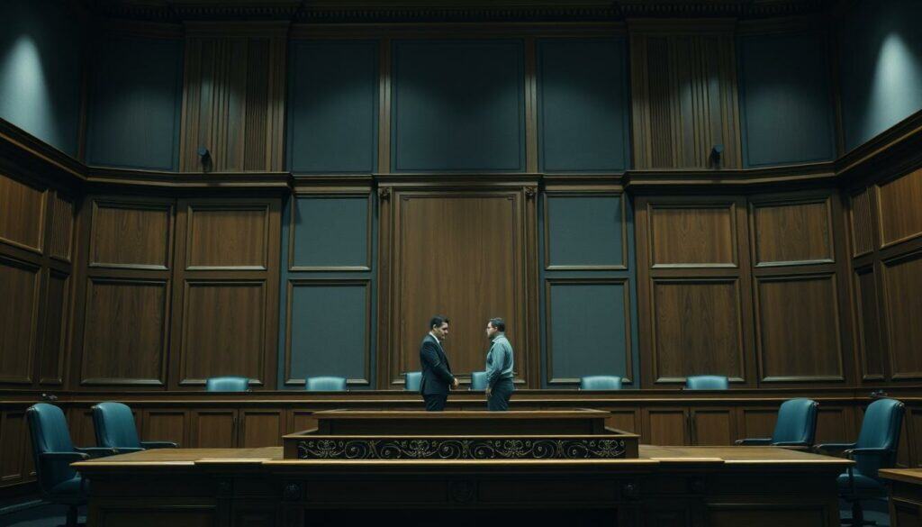 A courtroom interior, bathed in a muted, authoritative palette of grays and blues. Imposing wooden paneling lines the walls, while a massive, ornate desk dominates the foreground, evoking a sense of judicial gravity. In the middle ground, two figures stand before the bench, engaged in a tense discussion, their expressions serious and intent. The lighting is neutral, casting subtle shadows that add depth and a palpable atmosphere of investigation and decision-making. The overall scene conveys a sense of official proceedings, a solemn moment of administrative review and legal determination. A courtroom interior, bathed in a muted, authoritative palette of grays and blues. Imposing wooden paneling lines the walls, while a massive, ornate desk dominates the foreground, evoking a sense of judicial gravity. In the middle ground, two figures stand before the bench, engaged in a tense discussion, their expressions serious and intent. The lighting is neutral, casting subtle shadows that add depth and a palpable atmosphere of investigation and decision-making. The overall scene conveys a sense of official proceedings, a solemn moment of administrative review and legal determination.