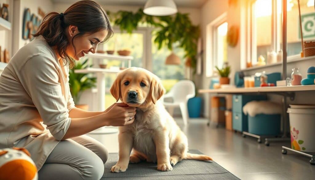 A cozy, brightly lit grooming salon welcomes a puppy with open arms. In the foreground, a gentle groomer kneels beside a fluffy golden retriever pup, patiently trimming its nails and brushing its soft fur. The middle ground features an array of puppy-friendly toys, treats, and supplies, creating a calming, nurturing atmosphere. In the background, a serene landscape of lush greenery and a sunlit window evokes a sense of tranquility, inviting the puppy to relax and enjoy its visit. Warm, soft lighting and a shallow depth of field emphasize the care and attention given to this puppy's well-being, capturing the essence of a welcoming "Puppy Pit Stop." A cozy, brightly lit grooming salon welcomes a puppy with open arms. In the foreground, a gentle groomer kneels beside a fluffy golden retriever pup, patiently trimming its nails and brushing its soft fur. The middle ground features an array of puppy-friendly toys, treats, and supplies, creating a calming, nurturing atmosphere. In the background, a serene landscape of lush greenery and a sunlit window evokes a sense of tranquility, inviting the puppy to relax and enjoy its visit. Warm, soft lighting and a shallow depth of field emphasize the care and attention given to this puppy's well-being, capturing the essence of a welcoming "Puppy Pit Stop."