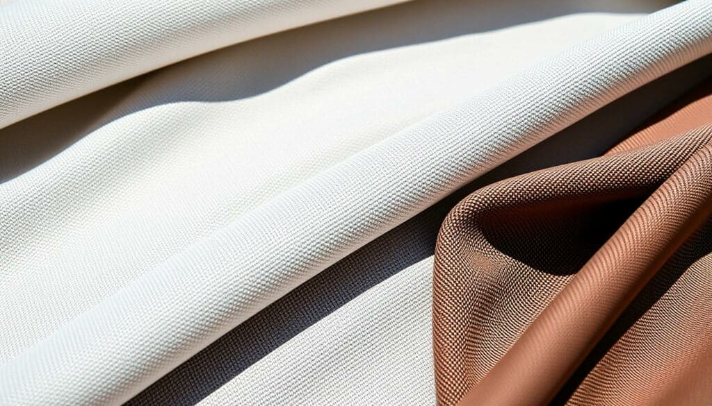 A detailed close-up of various high-quality workwear materials and fabric blends, including durable cotton, breathable polyester, and reinforced nylon. The textiles are shot in natural sunlight, highlighting their rugged textures, weaves, and intricate material compositions. The overall composition has a clean, minimal aesthetic, with the materials filling the frame and accentuating their tactile qualities. The lighting casts soft shadows, creating depth and dimension, and the depth of field isolates the materials to draw the viewer's focus. The mood is one of functional elegance, showcasing the practical yet sophisticated nature of modern workwear fabrics. A detailed close-up of various high-quality workwear materials and fabric blends, including durable cotton, breathable polyester, and reinforced nylon. The textiles are shot in natural sunlight, highlighting their rugged textures, weaves, and intricate material compositions. The overall composition has a clean, minimal aesthetic, with the materials filling the frame and accentuating their tactile qualities. The lighting casts soft shadows, creating depth and dimension, and the depth of field isolates the materials to draw the viewer's focus. The mood is one of functional elegance, showcasing the practical yet sophisticated nature of modern workwear fabrics.