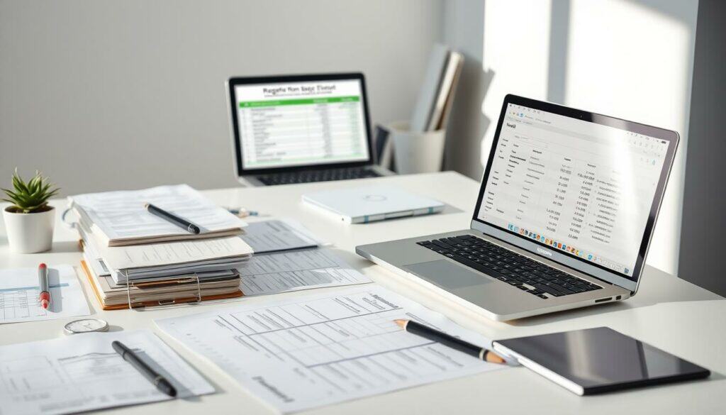 A detailed financial overview of the costs and fees associated with registering a new business in Nürnberg, Germany. The scene depicts a clean, minimalist workspace with a modern desk, a laptop displaying a spreadsheet, and carefully organized documents, folders, and office supplies. The lighting is soft and natural, creating a calm and professional atmosphere. The composition emphasizes the orderly and well-organized nature of the financial information, conveying a sense of clarity and control over the complex process of starting a new enterprise. A detailed financial overview of the costs and fees associated with registering a new business in Nürnberg, Germany. The scene depicts a clean, minimalist workspace with a modern desk, a laptop displaying a spreadsheet, and carefully organized documents, folders, and office supplies. The lighting is soft and natural, creating a calm and professional atmosphere. The composition emphasizes the orderly and well-organized nature of the financial information, conveying a sense of clarity and control over the complex process of starting a new enterprise.