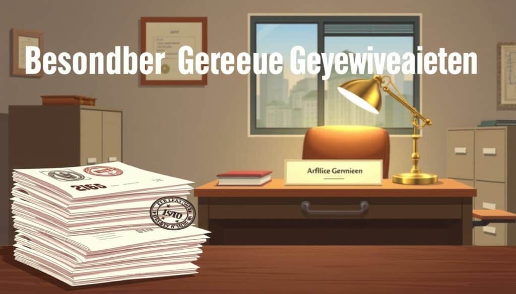 A detailed illustration of "Besondere Gewerbe Genehmigungen" set against a muted, bureaucratic backdrop. In the foreground, a stack of official-looking documents and stamps, symbolizing the administrative process. The middle ground features a government official's desk, with a nameplate and a polished brass desk lamp casting a warm glow. In the background, a nondescript office environment with filing cabinets, framed certificates, and a window revealing a cityscape, hinting at the broader regulatory landscape. The overall atmosphere conveys a sense of seriousness, order, and the importance of proper licensing and approvals for certain business activities.
