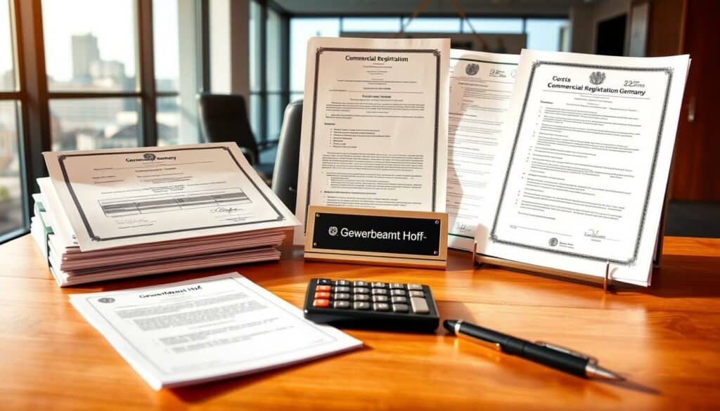 A detailed illustration of the costs and processing time for a commercial registration in Germany. The foreground shows various official government forms, certificates, and documents neatly arranged on a wooden desk. The middle ground features a calculator, pen, and a small plaque with the text "Gewerbeamt Hof". The background depicts a contemporary office interior with a window overlooking a cityscape. The lighting is warm and natural, creating a professional and authoritative atmosphere. The overall composition conveys the bureaucratic yet essential nature of the commercial registration process.
