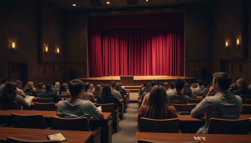 A dimly lit college lecture hall, with rows of wooden desks and chairs. In the center, a large stage with a wooden podium and a heavy red curtain in the background, hinting at a theatrical setting. Soft, warm lighting illuminates the scene, casting subtle shadows and creating an atmosphere of contemplation and intellectual discourse. In the foreground, a group of students intently taking notes, their faces focused and engaged. The overall impression is one of a serious, academic environment dedicated to the study of theater and the performing arts.