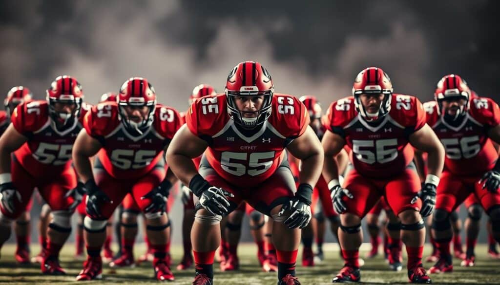 A formidable offensive line of the Cincinnati Bearcats, standing tall and resolute in the center of the field. Muscular linemen in crisp red and black uniforms, their determined expressions reflecting the intensity of their college football careers. Captured in a dynamic mid-play moment, their powerful stances and synchronized movements convey the physical transformation required to excel at this level. Dramatic lighting casts dynamic shadows, emphasizing the sheer athleticism and discipline of these young athletes as they pave the way for their team's success. A vivid snapshot of the college experience that shaped the character and resilience of a future NFL star. A formidable offensive line of the Cincinnati Bearcats, standing tall and resolute in the center of the field. Muscular linemen in crisp red and black uniforms, their determined expressions reflecting the intensity of their college football careers. Captured in a dynamic mid-play moment, their powerful stances and synchronized movements convey the physical transformation required to excel at this level. Dramatic lighting casts dynamic shadows, emphasizing the sheer athleticism and discipline of these young athletes as they pave the way for their team's success. A vivid snapshot of the college experience that shaped the character and resilience of a future NFL star.
