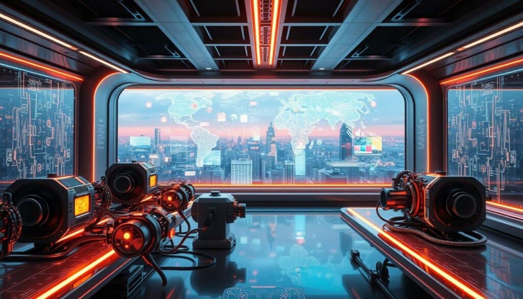 A futuristic, well-lit interior with sleek, metallic surfaces and glowing holographic displays. In the foreground, an array of advanced AI-powered engines interpret and analyze vast troves of digital content, their intricate mechanisms and algorithms illuminated by a warm, technological glow. In the middle ground, abstract data visualizations and complex information flows pulsate across luminous screens, conveying the depth and complexity of the AI's content comprehension. The background features a panoramic view of a bustling, high-tech cityscape, hinting at the broader societal and technological landscape in which these powerful AI systems operate.
