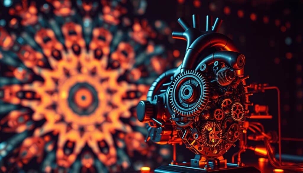 A generative engine, like a mechanical heart, pulsing with mathematical algorithms, its gears and cogs whirring to life, optimizing content for an AI-driven world. In the foreground, a detailed rendering of this intricate machine, its intricate mechanisms intertwined, powered by the dynamic flow of data. The middle ground showcases a sleek, futuristic interface, where users can fine-tune and refine their content to maximize visibility and engagement. In the background, a kaleidoscope of AI-generated imagery, representing the boundless possibilities of this new era of content optimization. Warm, subdued lighting casts a contemplative glow, inviting the viewer to explore the intricacies of this Generative Engine Optimization.