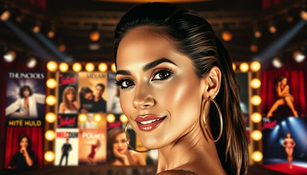 A glamorous portrait of Jennifer Lopez in her prime, capturing her iconic music and film career. In the foreground, a close-up of her radiant face, expertly made up, her signature hoop earrings and sleek hairstyle framing her features. In the middle ground, a montage of album covers and movie posters, showcasing her versatility as a multi-talented artist. The background is a soft, blurred kaleidoscope of spotlights, stage curtains, and red carpet backdrops, evoking the glitz and glamour of her illustrious entertainment industry journey. Warm, dramatic lighting casts a flattering glow, highlighting her confident, magnetic presence. The overall composition conveys J.Lo's remarkable career achievements and enduring star power. A glamorous portrait of Jennifer Lopez in her prime, capturing her iconic music and film career. In the foreground, a close-up of her radiant face, expertly made up, her signature hoop earrings and sleek hairstyle framing her features. In the middle ground, a montage of album covers and movie posters, showcasing her versatility as a multi-talented artist. The background is a soft, blurred kaleidoscope of spotlights, stage curtains, and red carpet backdrops, evoking the glitz and glamour of her illustrious entertainment industry journey. Warm, dramatic lighting casts a flattering glow, highlighting her confident, magnetic presence. The overall composition conveys J.Lo's remarkable career achievements and enduring star power.