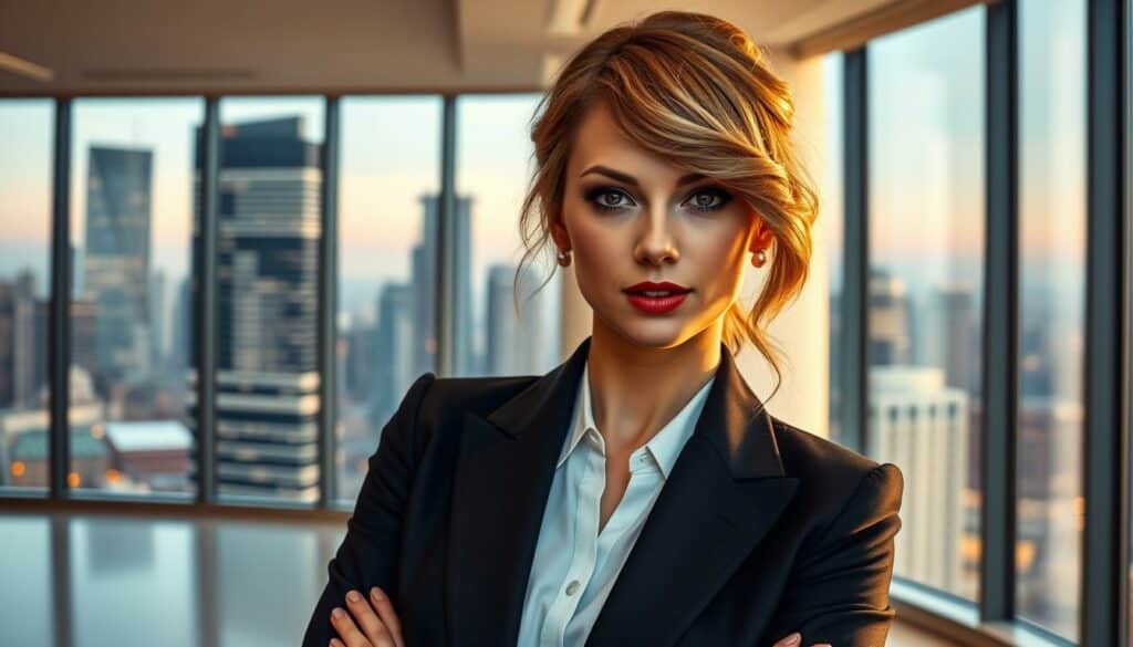 A high-resolution, photorealistic image of Taylor Swift, capturing her as a successful businesswoman and musical icon. In the foreground, Taylor stands confidently in a chic, tailored power suit, her gaze direct and authoritative. Her hair is styled in a sleek updo, emphasizing her poised and professional demeanor. The middle ground features a modern, minimalist office setting, with clean lines and neutral tones that complement Taylor's refined appearance. In the background, a large window overlooking a vibrant city skyline, suggesting Taylor's thriving career and global reach. The lighting is soft and flattering, with a subtle warm glow that imbues the scene with a sense of success and accomplishment. The overall mood is one of confidence, ambition, and the intersection of Taylor Swift's musical artistry and her savvy entrepreneurial spirit.