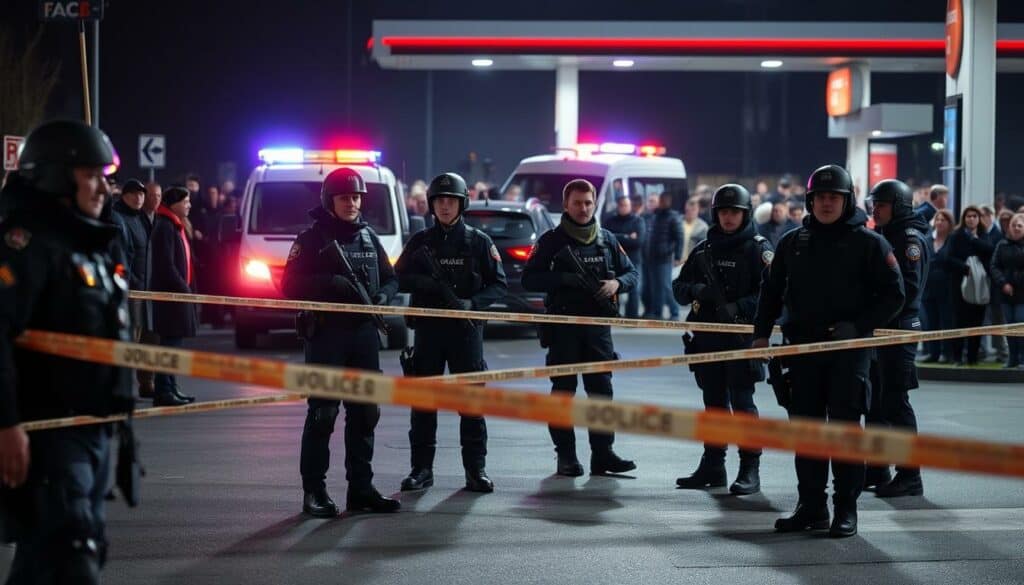 A large police presence secures the scene of a tragic incident at a Völklingen gas station. In the foreground, officers in tactical gear cordon off the area, their expressions grim and determined. The middle ground features emergency vehicles with flashing lights, creating a sense of urgency. In the background, a crowd of concerned onlookers gathers, their faces reflecting the gravity of the situation. The lighting is subdued, casting long shadows and evoking a somber mood. The camera angle is slightly elevated, providing a comprehensive view of the complex security measures in place to protect the public. The overall atmosphere conveys the seriousness and professionalism of the police response to this traumatic event.
