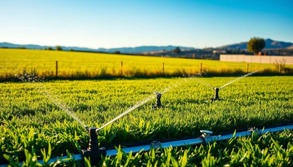 A lush, verdant sports field is irrigated by a state-of-the-art sprinkler system, water glistening in the warm, golden afternoon sunlight. In the foreground, sleek, modern irrigation heads emerge from the neatly-trimmed grass, evenly distributing water across the playing surface. The middle ground reveals a network of underground pipes and valves, hidden yet efficiently delivering water where it's needed most. In the background, a scenic backdrop of rolling hills and a clear blue sky conveys a sense of environmental harmony, underscoring the sustainable, eco-friendly nature of this irrigation setup. The overall scene radiates a feeling of well-maintained professionalism and careful resource management. A lush, verdant sports field is irrigated by a state-of-the-art sprinkler system, water glistening in the warm, golden afternoon sunlight. In the foreground, sleek, modern irrigation heads emerge from the neatly-trimmed grass, evenly distributing water across the playing surface. The middle ground reveals a network of underground pipes and valves, hidden yet efficiently delivering water where it's needed most. In the background, a scenic backdrop of rolling hills and a clear blue sky conveys a sense of environmental harmony, underscoring the sustainable, eco-friendly nature of this irrigation setup. The overall scene radiates a feeling of well-maintained professionalism and careful resource management.