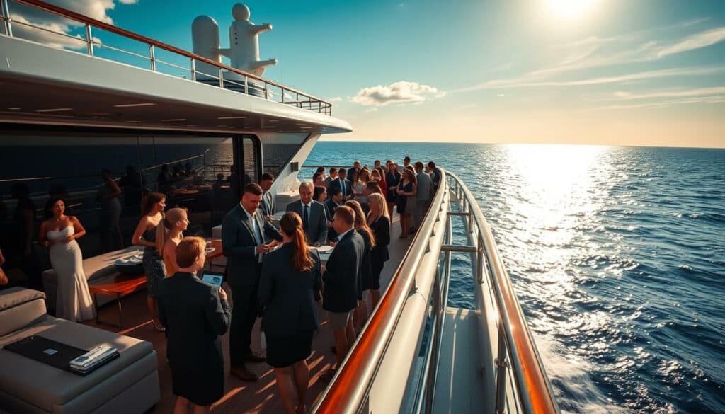 A luxurious cruise ship sails across a vast, shimmering ocean under a vibrant, azure sky. Elegant passengers mingle on the sun-drenched deck, engaged in lively discussions and team-building activities. In the foreground, a group of professionals participate in a collaborative task, their faces animated with excitement. The ship's sleek, modern architecture and opulent furnishings create an atmosphere of sophistication and camaraderie. Gentle waves lap against the hull, while a gentle breeze ruffles the sails, adding to the sense of adventure and exploration. The overall scene conveys the advantages of a team event on the high seas: the opportunity for uninterrupted bonding, the inspiring natural surroundings, and the sense of escape from the everyday. A luxurious cruise ship sails across a vast, shimmering ocean under a vibrant, azure sky. Elegant passengers mingle on the sun-drenched deck, engaged in lively discussions and team-building activities. In the foreground, a group of professionals participate in a collaborative task, their faces animated with excitement. The ship's sleek, modern architecture and opulent furnishings create an atmosphere of sophistication and camaraderie. Gentle waves lap against the hull, while a gentle breeze ruffles the sails, adding to the sense of adventure and exploration. The overall scene conveys the advantages of a team event on the high seas: the opportunity for uninterrupted bonding, the inspiring natural surroundings, and the sense of escape from the everyday.