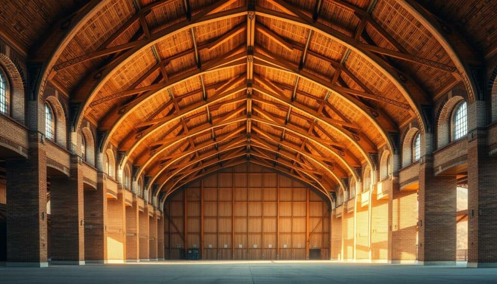 A majestic Rundbogenhalle, its curved arches and beams crafted from warm, natural materials. The structure stands tall, illuminated by soft, diffused lighting that casts gentle shadows across the detailed brickwork and exposed wooden trusses. The middle ground reveals the hall's spacious interior, with clean lines and a harmonious blend of industrial and agricultural elements. In the background, the gentle slope of the landscape adds depth and a sense of grounding. The overall composition evokes a feeling of functionality, durability, and architectural elegance - a structure designed to withstand the demands of both industry and agriculture. A majestic Rundbogenhalle, its curved arches and beams crafted from warm, natural materials. The structure stands tall, illuminated by soft, diffused lighting that casts gentle shadows across the detailed brickwork and exposed wooden trusses. The middle ground reveals the hall's spacious interior, with clean lines and a harmonious blend of industrial and agricultural elements. In the background, the gentle slope of the landscape adds depth and a sense of grounding. The overall composition evokes a feeling of functionality, durability, and architectural elegance - a structure designed to withstand the demands of both industry and agriculture.