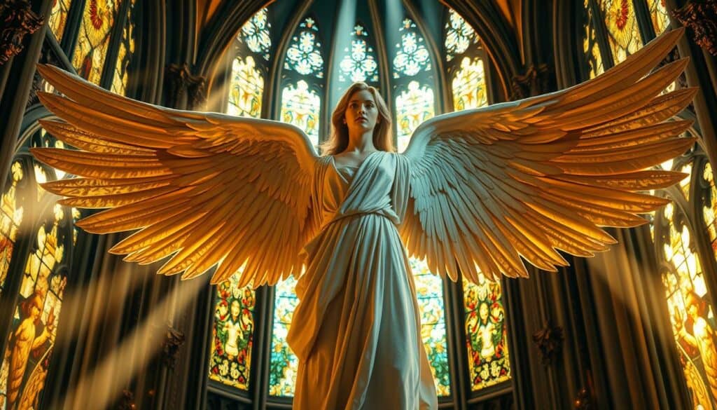 A majestic angel stands tall, wings outstretched, against a backdrop of a grand, ornate cathedral. Shafts of warm, golden light filter through stained glass windows, casting a heavenly glow on the celestial being. The angel's serene expression radiates a sense of divine presence, reflecting the deep spiritual roots and biblical foundations of the Christian faith. Intricate details in the angel's flowing robes and the architectural elements of the cathedral create a visually captivating scene, conveying the awe-inspiring power and influence of heavenly beings in shaping human beliefs and experiences. A majestic angel stands tall, wings outstretched, against a backdrop of a grand, ornate cathedral. Shafts of warm, golden light filter through stained glass windows, casting a heavenly glow on the celestial being. The angel's serene expression radiates a sense of divine presence, reflecting the deep spiritual roots and biblical foundations of the Christian faith. Intricate details in the angel's flowing robes and the architectural elements of the cathedral create a visually captivating scene, conveying the awe-inspiring power and influence of heavenly beings in shaping human beliefs and experiences.