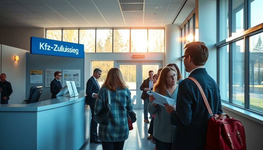 A modern, clean-lined government office interior, bright and welcoming, with an information desk and signage clearly marking the "Kfz-Zulassung" (vehicle registration) area. Sunlight streams in through large windows, casting a warm glow over the space. Visitors wait patiently, paperwork in hand, as an efficient-looking staff member assists them with the registration process. The atmosphere is one of quiet efficiency, reflecting the careful, step-by-step nature of the vehicle registration workflow. The overall impression is of a well-organized, user-friendly system designed to make the experience as smooth and hassle-free as possible for citizens. A modern, clean-lined government office interior, bright and welcoming, with an information desk and signage clearly marking the "Kfz-Zulassung" (vehicle registration) area. Sunlight streams in through large windows, casting a warm glow over the space. Visitors wait patiently, paperwork in hand, as an efficient-looking staff member assists them with the registration process. The atmosphere is one of quiet efficiency, reflecting the careful, step-by-step nature of the vehicle registration workflow. The overall impression is of a well-organized, user-friendly system designed to make the experience as smooth and hassle-free as possible for citizens.