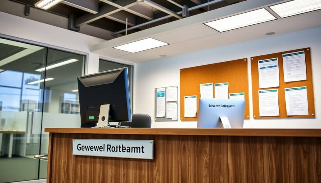 A modern office interior with a prominent desk and computer, showcasing the process of registering a new business in Rottweil. The desk is adorned with official-looking documents, a pen, and a nameplate that reads "Gewerbeamt Rottweil." The walls are adorned with a cork board displaying relevant forms and guidelines. The lighting is bright and professional, with a mixture of natural and artificial sources. The overall atmosphere is one of efficiency and bureaucratic organization, reflecting the practical steps involved in the business registration process. A modern office interior with a prominent desk and computer, showcasing the process of registering a new business in Rottweil. The desk is adorned with official-looking documents, a pen, and a nameplate that reads "Gewerbeamt Rottweil." The walls are adorned with a cork board displaying relevant forms and guidelines. The lighting is bright and professional, with a mixture of natural and artificial sources. The overall atmosphere is one of efficiency and bureaucratic organization, reflecting the practical steps involved in the business registration process.