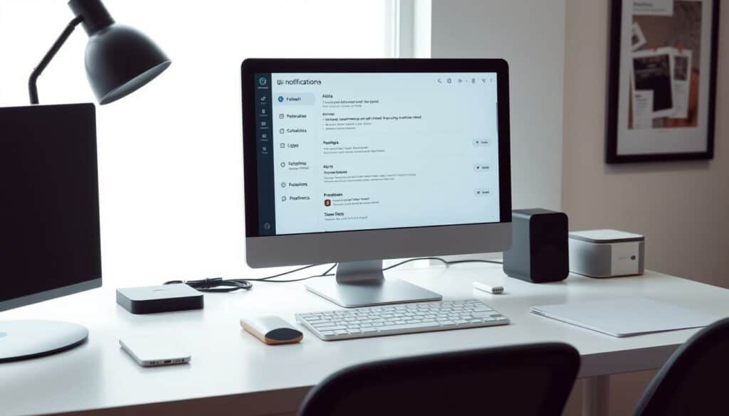 A modern office setting with a desktop computer, smartphone, and various digital devices on a clean, minimalist workspace. The computer screen displays a user interface for setting up a notification system, with options for customizing alerts, schedules, and preferences. Soft, diffused lighting illuminates the scene, creating a calm and focused atmosphere. The arrangement of the elements suggests an organized and efficient workflow, reflecting the subject of setting up a notification system. A modern office setting with a desktop computer, smartphone, and various digital devices on a clean, minimalist workspace. The computer screen displays a user interface for setting up a notification system, with options for customizing alerts, schedules, and preferences. Soft, diffused lighting illuminates the scene, creating a calm and focused atmosphere. The arrangement of the elements suggests an organized and efficient workflow, reflecting the subject of setting up a notification system.