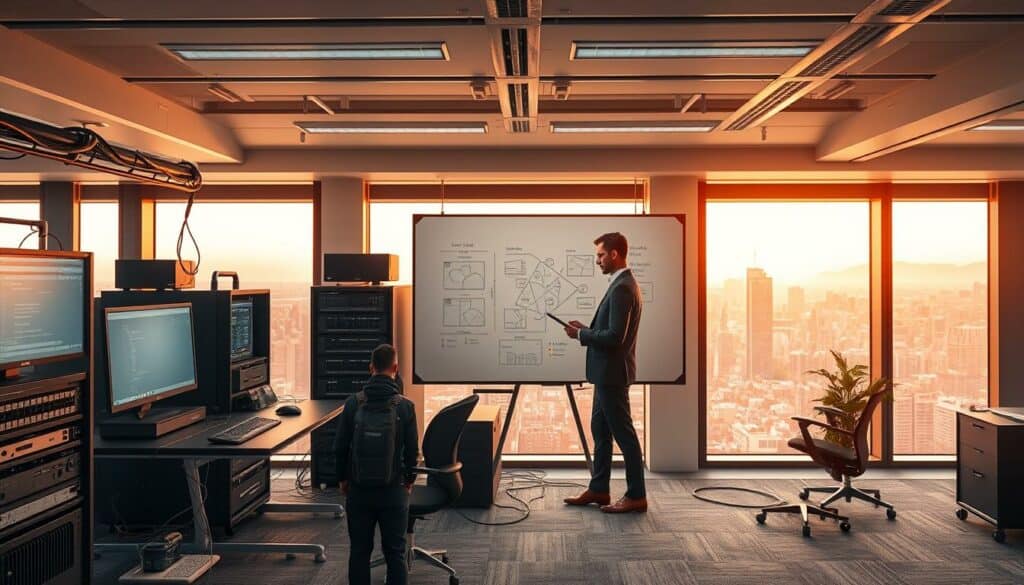 A modern, sleek office space with a focus on custom-tailored IT solutions. In the foreground, a professional-looking person in business attire stands alongside a high-end workstation, examining a tablet. Surrounding them, state-of-the-art computer hardware, networking equipment, and peripherals are neatly arranged, conveying a sense of technological sophistication. The middle ground features a large whiteboard displaying diagrams and schematics, suggesting the process of designing personalized IT systems. In the background, floor-to-ceiling windows provide a panoramic view of a bustling city skyline, bathed in warm, natural lighting that creates a productive and innovative atmosphere. A modern, sleek office space with a focus on custom-tailored IT solutions. In the foreground, a professional-looking person in business attire stands alongside a high-end workstation, examining a tablet. Surrounding them, state-of-the-art computer hardware, networking equipment, and peripherals are neatly arranged, conveying a sense of technological sophistication. The middle ground features a large whiteboard displaying diagrams and schematics, suggesting the process of designing personalized IT systems. In the background, floor-to-ceiling windows provide a panoramic view of a bustling city skyline, bathed in warm, natural lighting that creates a productive and innovative atmosphere.