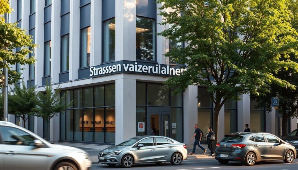 A modern, well-lit municipal office building, its facade featuring clean lines and large windows. The entrance is marked by a prominent sign that reads "Strassenverkehrsamt" in bold lettering. The building is situated on a tree-lined street, with cars and pedestrians passing by. The scene conveys a sense of efficiency and accessibility, reflecting the services provided within. The image should capture the professional and welcoming atmosphere of the Strassenverkehrsamt, allowing the viewer to easily imagine visiting the location. A modern, well-lit municipal office building, its facade featuring clean lines and large windows. The entrance is marked by a prominent sign that reads "Strassenverkehrsamt" in bold lettering. The building is situated on a tree-lined street, with cars and pedestrians passing by. The scene conveys a sense of efficiency and accessibility, reflecting the services provided within. The image should capture the professional and welcoming atmosphere of the Strassenverkehrsamt, allowing the viewer to easily imagine visiting the location.