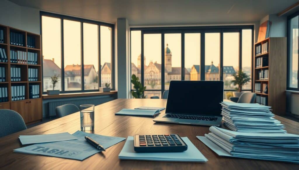 A modern, well-lit office interior in Burg, Germany. In the foreground, a large wooden desk with a laptop, calculator, and stacks of documents. On the desk, a pen and a glass of water. The middle ground features a bookshelf with tax and accounting books. The background shows a large window overlooking the historic buildings of Burg, bathed in warm, golden natural light. The overall atmosphere is professional, organized, and informative, reflecting the topic of "Important Taxes and Contributions for Businesses". A modern, well-lit office interior in Burg, Germany. In the foreground, a large wooden desk with a laptop, calculator, and stacks of documents. On the desk, a pen and a glass of water. The middle ground features a bookshelf with tax and accounting books. The background shows a large window overlooking the historic buildings of Burg, bathed in warm, golden natural light. The overall atmosphere is professional, organized, and informative, reflecting the topic of "Important Taxes and Contributions for Businesses".