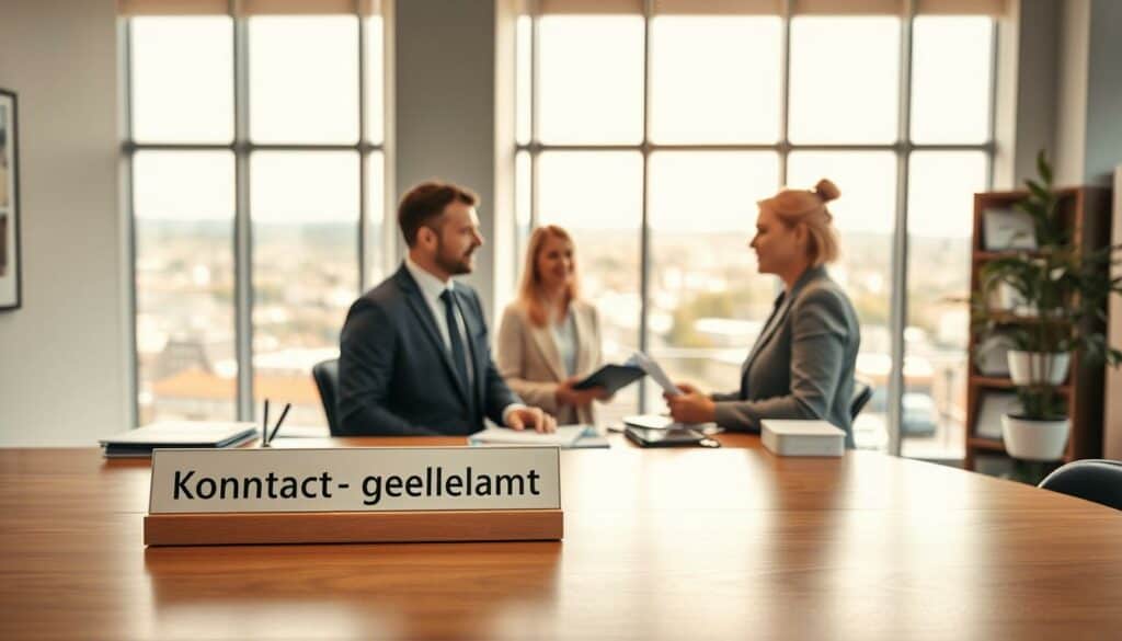 A modern, well-lit office interior with a large wooden desk in the foreground. On the desk, a nameplate reads "Kontakt Gewerbeamt" and various business-related items are neatly arranged. In the middle ground, two professional-looking individuals are engaged in a friendly discussion, conveying a sense of helpful customer service. The background features floor-to-ceiling windows overlooking a picturesque urban landscape, creating a bright and welcoming atmosphere. The lighting is soft and natural, casting a warm glow throughout the scene. The overall composition suggests an efficient, well-organized government office dedicated to assisting local businesses. A modern, well-lit office interior with a large wooden desk in the foreground. On the desk, a nameplate reads "Kontakt Gewerbeamt" and various business-related items are neatly arranged. In the middle ground, two professional-looking individuals are engaged in a friendly discussion, conveying a sense of helpful customer service. The background features floor-to-ceiling windows overlooking a picturesque urban landscape, creating a bright and welcoming atmosphere. The lighting is soft and natural, casting a warm glow throughout the scene. The overall composition suggests an efficient, well-organized government office dedicated to assisting local businesses.