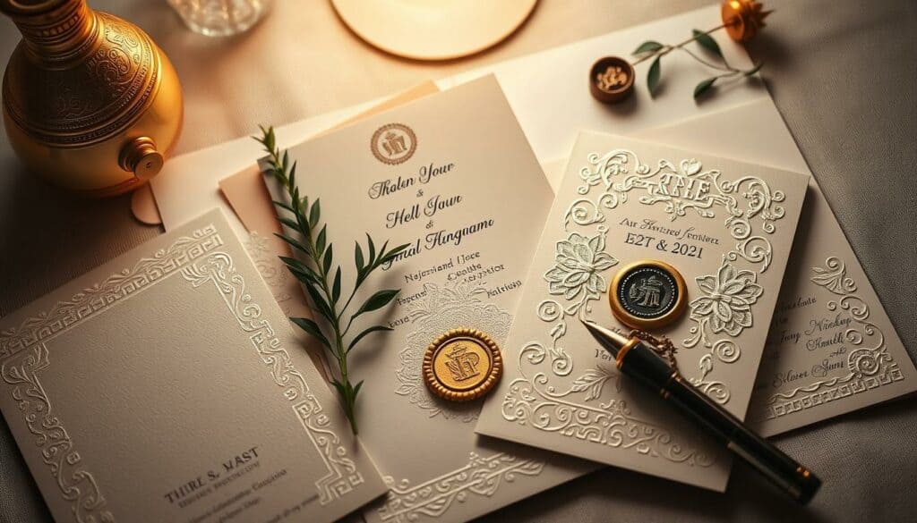 A neatly arranged still life capturing a collection of elegant invitation cards. A soft, warm lighting illuminates the scene, creating a cozy and inviting atmosphere. The cards are meticulously crafted, featuring intricate embossing, shimmering foil accents, and delicate floral patterns that evoke a sense of refined sophistication. Strategically placed decorative elements, such as a sprig of greenery, a wax seal, and a vintage-style pen, add personal touches and a touch of whimsy. The overall composition is balanced and visually striking, inviting the viewer to imagine the special occasion these invitations might herald. A neatly arranged still life capturing a collection of elegant invitation cards. A soft, warm lighting illuminates the scene, creating a cozy and inviting atmosphere. The cards are meticulously crafted, featuring intricate embossing, shimmering foil accents, and delicate floral patterns that evoke a sense of refined sophistication. Strategically placed decorative elements, such as a sprig of greenery, a wax seal, and a vintage-style pen, add personal touches and a touch of whimsy. The overall composition is balanced and visually striking, inviting the viewer to imagine the special occasion these invitations might herald.