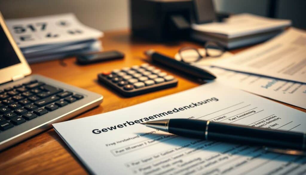 A neatly organized office desk with a laptop, calculator, and various business documents and forms. In the foreground, a closeup of a "Gewerbeanmeldung" (business registration) form with a pen resting on it, conveying the administrative process involved in starting a new business. The lighting is warm and directional, creating depth and highlighting the key elements. The background is blurred, creating a sense of focus on the core subject matter. The overall mood is professional, efficient, and focused, reflecting the practical nature of the "Kosten und Bearbeitungsdauer" (Costs and Processing Time) section. A neatly organized office desk with a laptop, calculator, and various business documents and forms. In the foreground, a closeup of a "Gewerbeanmeldung" (business registration) form with a pen resting on it, conveying the administrative process involved in starting a new business. The lighting is warm and directional, creating depth and highlighting the key elements. The background is blurred, creating a sense of focus on the core subject matter. The overall mood is professional, efficient, and focused, reflecting the practical nature of the "Kosten und Bearbeitungsdauer" (Costs and Processing Time) section.