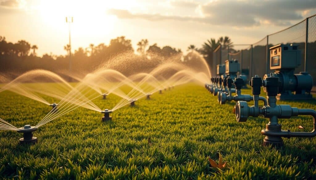 A professional, commercial-grade irrigation system for a meticulously maintained sports field. The foreground depicts a network of sturdy, precisely arranged sprinkler heads strategically positioned across the lush, verdant turf. In the middle ground, sleek, high-efficiency water pumps and valves hum with quiet power, seamlessly regulating the water flow. The background reveals a sophisticated control panel, its digital display showcasing intricate programming for customized watering schedules and coverage patterns. Warm, golden sunlight filters through wispy clouds, casting a tranquil, almost serene atmosphere over the entire scene. The overall impression is one of state-of-the-art technology harmoniously integrated with the natural environment, ensuring optimal playing conditions for the most discerning sports enthusiasts. A professional, commercial-grade irrigation system for a meticulously maintained sports field. The foreground depicts a network of sturdy, precisely arranged sprinkler heads strategically positioned across the lush, verdant turf. In the middle ground, sleek, high-efficiency water pumps and valves hum with quiet power, seamlessly regulating the water flow. The background reveals a sophisticated control panel, its digital display showcasing intricate programming for customized watering schedules and coverage patterns. Warm, golden sunlight filters through wispy clouds, casting a tranquil, almost serene atmosphere over the entire scene. The overall impression is one of state-of-the-art technology harmoniously integrated with the natural environment, ensuring optimal playing conditions for the most discerning sports enthusiasts.