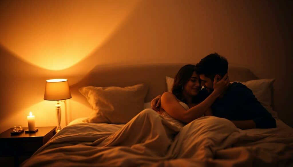 A romantic and intimate bedroom scene with soft, warm lighting illuminating a tastefully styled double bed. In the foreground, a young couple tenderly embrace, their expressions conveying deep affection. The middle ground features plush bedding, decorative pillows, and a nightstand with a single lit candle. The background is slightly blurred, suggesting a cozy, private atmosphere. The overall mood is sensual yet tasteful, capturing the essence of a private, loving relationship. A romantic and intimate bedroom scene with soft, warm lighting illuminating a tastefully styled double bed. In the foreground, a young couple tenderly embrace, their expressions conveying deep affection. The middle ground features plush bedding, decorative pillows, and a nightstand with a single lit candle. The background is slightly blurred, suggesting a cozy, private atmosphere. The overall mood is sensual yet tasteful, capturing the essence of a private, loving relationship.