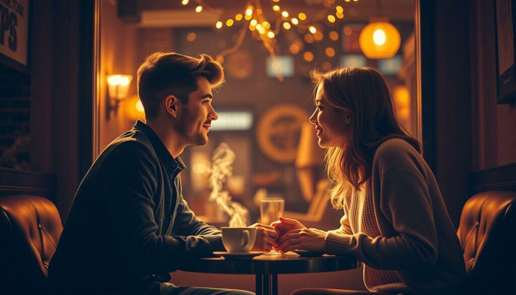 A romantic first meeting on the dating app Tinder, two young people's eyes meet and spark with mutual attraction. In a cozy, dimly-lit café, they sit across a small table, hands clasped, gazing into each other's eyes as if the rest of the world has faded away. Soft, warm lighting casts a golden glow, highlighting the couple's faces and creating an intimate, dreamy atmosphere. The background is softly blurred, placing the focus entirely on this blossoming connection. Subtle details like the steam rising from their cups of coffee or the twinkling fairy lights hanging overhead add to the sense of romance and timelessness. This is the start of a beautiful love story. A romantic first meeting on the dating app Tinder, two young people's eyes meet and spark with mutual attraction. In a cozy, dimly-lit café, they sit across a small table, hands clasped, gazing into each other's eyes as if the rest of the world has faded away. Soft, warm lighting casts a golden glow, highlighting the couple's faces and creating an intimate, dreamy atmosphere. The background is softly blurred, placing the focus entirely on this blossoming connection. Subtle details like the steam rising from their cups of coffee or the twinkling fairy lights hanging overhead add to the sense of romance and timelessness. This is the start of a beautiful love story.