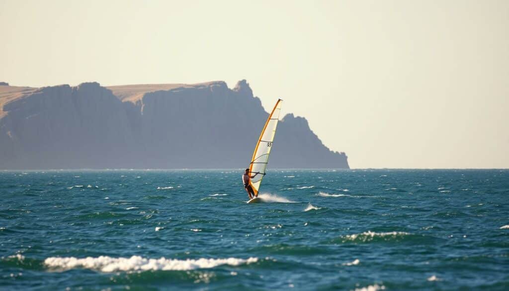 A scenic coastal landscape with a windsurfer gliding across the waves, their sail billowing with the wind. The foreground features the surfer, captured in mid-motion, their body leaning into the wind as they navigate the swells. The middle ground showcases the vast, azure expanse of the ocean, with gentle whitecaps dancing across the surface. In the background, rugged cliffs rise up, their rocky formations casting dramatic shadows that create a sense of depth and dimension. The lighting is soft and diffused, casting a warm, golden glow over the entire scene, evoking a sense of tranquility and the captivating power of the wind. The overall composition emphasizes the graceful interplay between the surfer, the wind, and the natural elements, capturing the essence of the "Faszination des Windes beim Windsurfen".