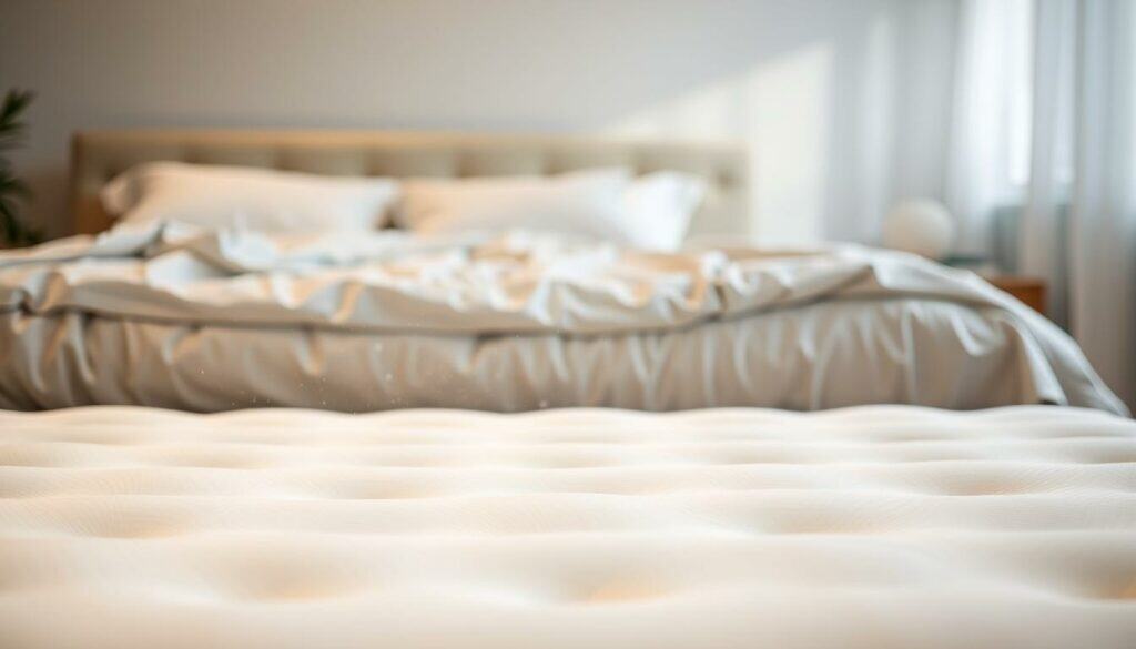 A serene bedroom scene, illuminated by soft, warm lighting. In the foreground, a pristine white mattress stands out, its surface gleaming with cleanliness. Dust motes dance gently in the air, hinting at the thorough mattress cleaning that has just taken place. The middle ground features bedding in calming, neutral tones, complementing the tranquil atmosphere. In the background, a minimalist headboard and nightstand create a sense of balance and simplicity. The overall composition conveys a feeling of rejuvenation and a sanctuary for healthy, restful sleep.