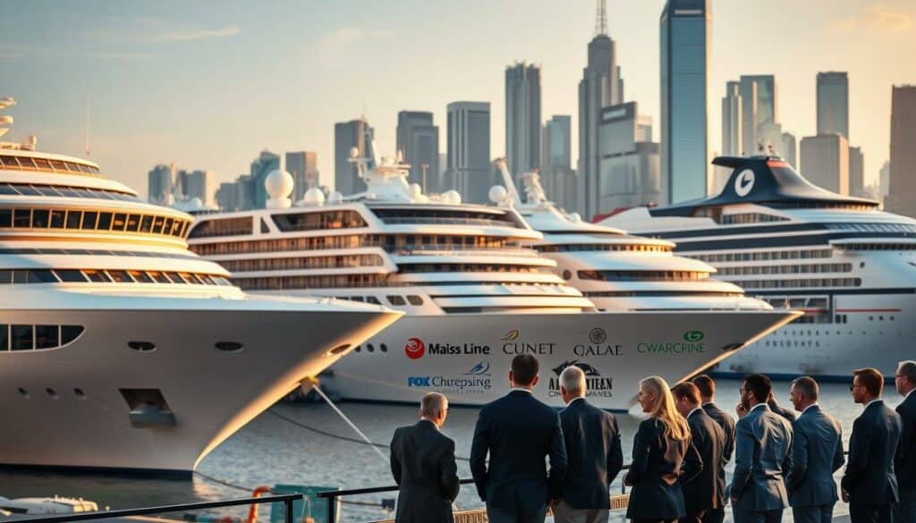 A sleek and modern cruise ship docked at a bustling harbor, surrounded by a fleet of elegant passenger liners showcasing the diverse offerings of leading cruise lines. The scene is bathed in warm, golden-hour lighting, casting a soft, inviting glow over the gleaming vessels. In the foreground, a group of smartly dressed business professionals admire the ships, discussing potential team-building opportunities and personalized cruise packages. The middle ground features a variety of cruise line logos and branding, allowing for easy comparison of the different companies and their unique features. In the background, a cityscape of towering skyscrapers and bustling activity creates a dynamic, professional atmosphere, underscoring the high-end, corporate nature of the event. A sleek and modern cruise ship docked at a bustling harbor, surrounded by a fleet of elegant passenger liners showcasing the diverse offerings of leading cruise lines. The scene is bathed in warm, golden-hour lighting, casting a soft, inviting glow over the gleaming vessels. In the foreground, a group of smartly dressed business professionals admire the ships, discussing potential team-building opportunities and personalized cruise packages. The middle ground features a variety of cruise line logos and branding, allowing for easy comparison of the different companies and their unique features. In the background, a cityscape of towering skyscrapers and bustling activity creates a dynamic, professional atmosphere, underscoring the high-end, corporate nature of the event.