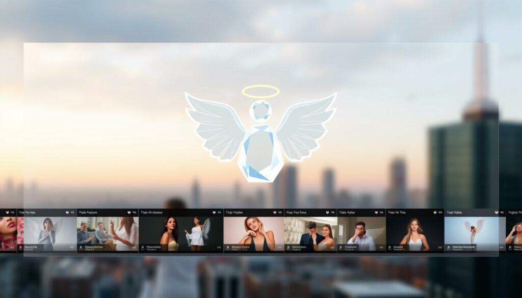 A sleek, modern TikTok video frame filled with heavenly imagery and angelic motifs. In the foreground, a minimalist three-dimensional angel icon floats against a gradient background, its crystalline wings and halo glowing with an ethereal light. In the middle ground, a collage of trending TikTok video thumbnails showcases various angel-themed content, from fashion and beauty to wellness and spirituality. The background features a blurred cityscape, hinting at the integration of celestial beings into the contemporary urban landscape. The overall composition evokes a sense of the divine intersecting with the commercial and digital realms of modern life. A sleek, modern TikTok video frame filled with heavenly imagery and angelic motifs. In the foreground, a minimalist three-dimensional angel icon floats against a gradient background, its crystalline wings and halo glowing with an ethereal light. In the middle ground, a collage of trending TikTok video thumbnails showcases various angel-themed content, from fashion and beauty to wellness and spirituality. The background features a blurred cityscape, hinting at the integration of celestial beings into the contemporary urban landscape. The overall composition evokes a sense of the divine intersecting with the commercial and digital realms of modern life.