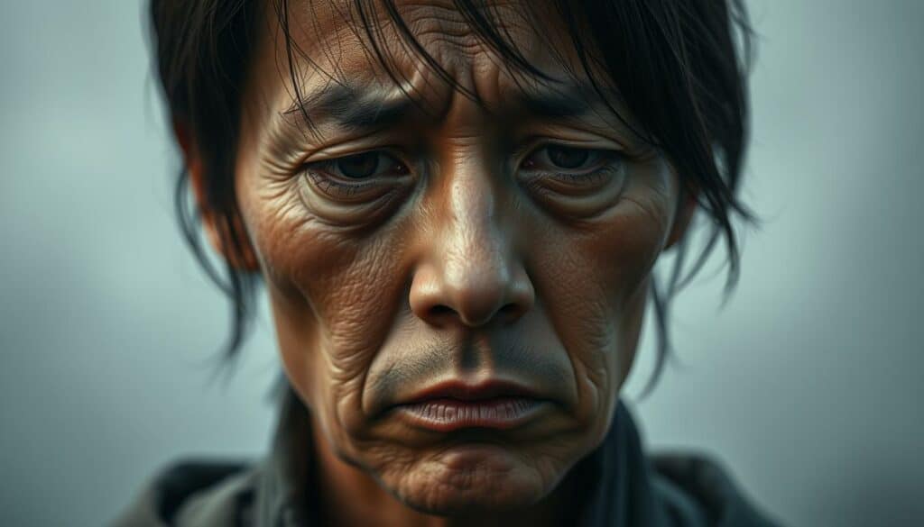 A solemn, photorealistic portrait of a distraught eyewitness, their face etched with grief and disbelief. Soft, diffused lighting accentuates the subject's pained expression, their eyes brimming with unshed tears. The background is a muted, dreamlike blur, drawing all focus to the central figure's raw emotional state. The composition is intimate, framing the eyewitness in a tight, close-up shot that conveys the weight of their experience. An aura of reverence and solemnity permeates the scene, capturing the lasting impact of the tragedy they witnessed.