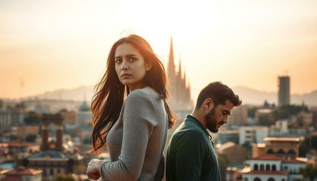 A sun-drenched skyline of Barcelona, with the iconic Sagrada Familia in the distance. In the foreground, a couple stands apart, their body language conveying a sense of distance and emotional turmoil. The woman, her face etched with sadness, gazes longingly at the man, who turns away, his expression pensive. The mood is bittersweet, capturing the fragility of a relationship strained by the weight of unspoken words. Soft, diffused lighting casts a melancholic hue, as if the city itself reflects the couple's inner turmoil. The scene evokes a sense of melancholy, a poignant moment frozen in time, a testament to the complexities of love and the pain of separation.