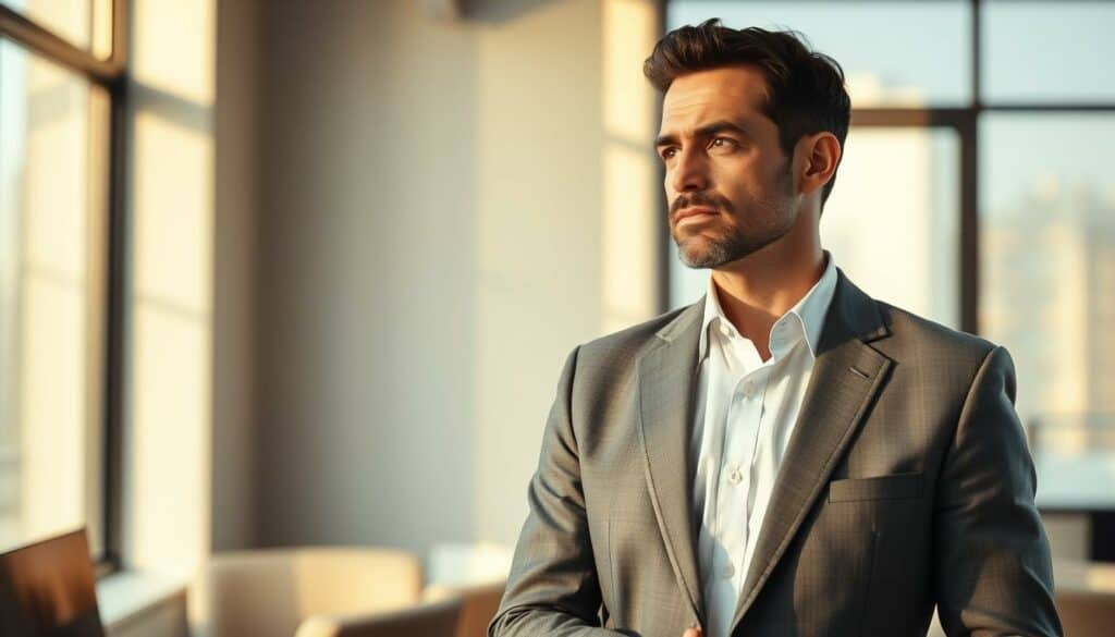 A thoughtful businessman in a crisp suit, deep in concentration, standing in a sunlit modern office with sleek minimalist decor. Warm natural lighting filters through large windows, casting a tranquil glow. The man's expression is serious yet contemplative, his body language conveying a sense of dedication and purpose. The background features clean lines, muted colors, and a subtle sense of professionalism. This image evokes a hardworking individual committed to their career and personal growth, with an air of quiet confidence and poise. A thoughtful businessman in a crisp suit, deep in concentration, standing in a sunlit modern office with sleek minimalist decor. Warm natural lighting filters through large windows, casting a tranquil glow. The man's expression is serious yet contemplative, his body language conveying a sense of dedication and purpose. The background features clean lines, muted colors, and a subtle sense of professionalism. This image evokes a hardworking individual committed to their career and personal growth, with an air of quiet confidence and poise.
